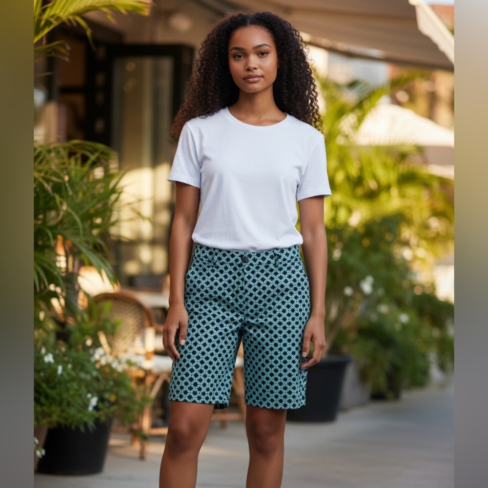 Talbots Teal and Black Geometric Print Bermuda Shorts